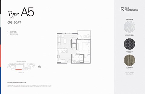Floor plan for studio, 653 sqft